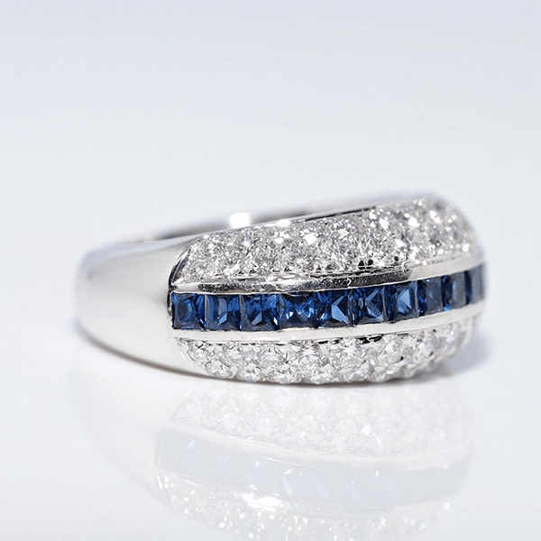 Vintage Multi Row Asscher & Round Cut Blue & White Sapphire Half Eternity Wedding Band For Women