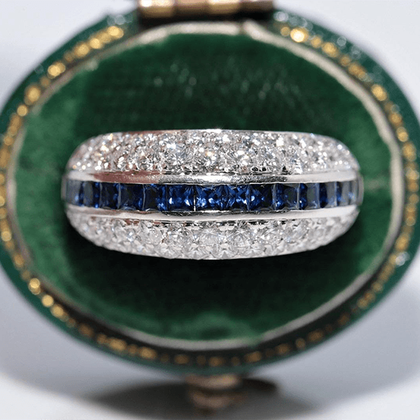 Vintage Multi Row Asscher & Round Cut Blue & White Sapphire Half Eternity Wedding Band For Women