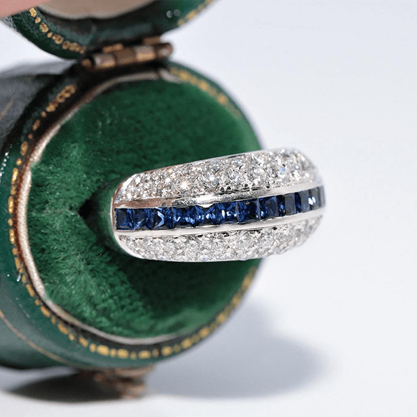 Vintage Multi Row Asscher & Round Cut Blue & White Sapphire Half Eternity Wedding Band For Women