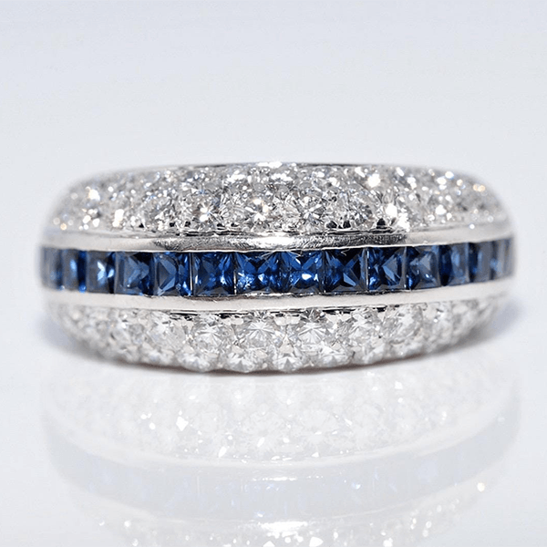 Vintage Multi Row Asscher & Round Cut Blue & White Sapphire Half Eternity Wedding Band For Women