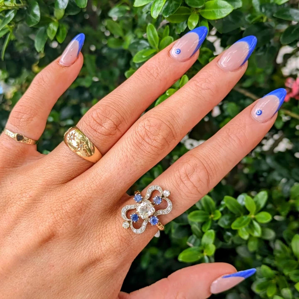 Vintage Yellow Gold Cushion Cut White & Blue Sapphire Engagement Ring