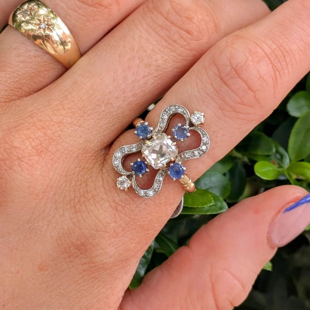 Vintage Yellow Gold Cushion Cut White & Blue Sapphire Engagement Ring