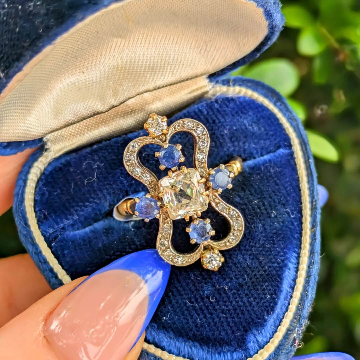 Vintage Yellow Gold Cushion Cut White & Blue Sapphire Engagement Ring