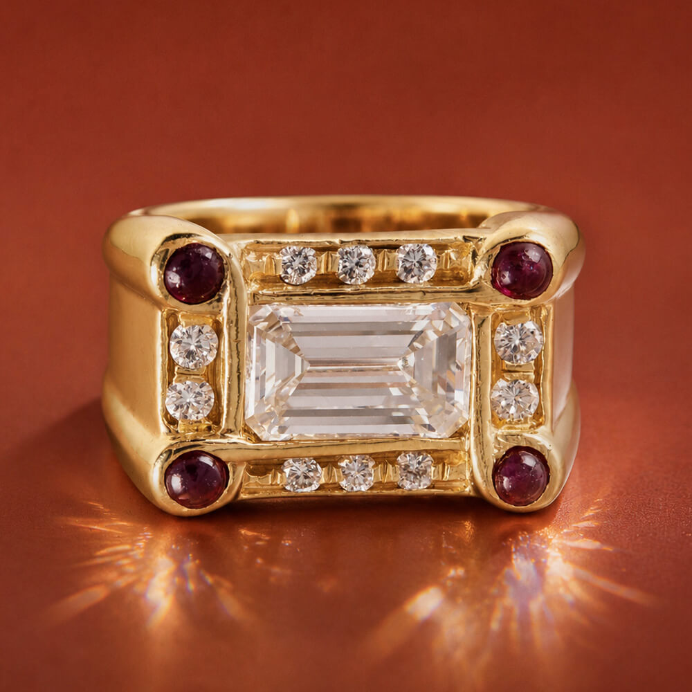Art Deco Halo Yellow Gold Emerald Cut White Sapphire Engagement Ring