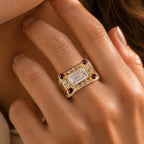 Art Deco Halo Yellow Gold Emerald Cut White Sapphire Engagement Ring