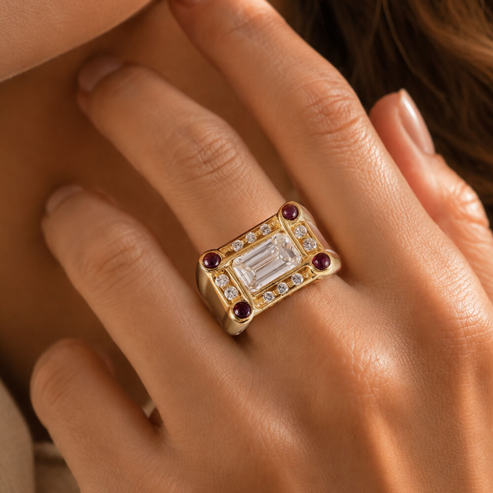 Art Deco Halo Yellow Gold Emerald Cut White Sapphire Engagement Ring