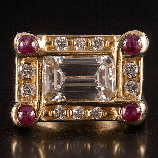 Art Deco Halo Yellow Gold Emerald Cut White Sapphire Engagement Ring