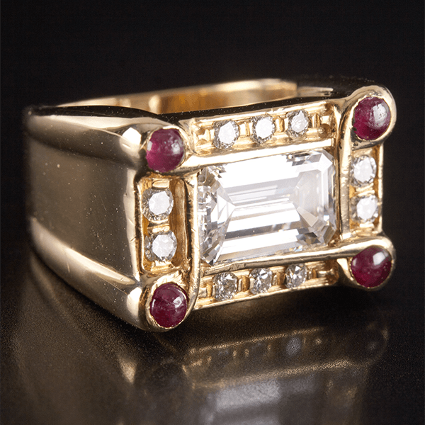 Art Deco Halo Yellow Gold Emerald Cut White Sapphire Engagement Ring