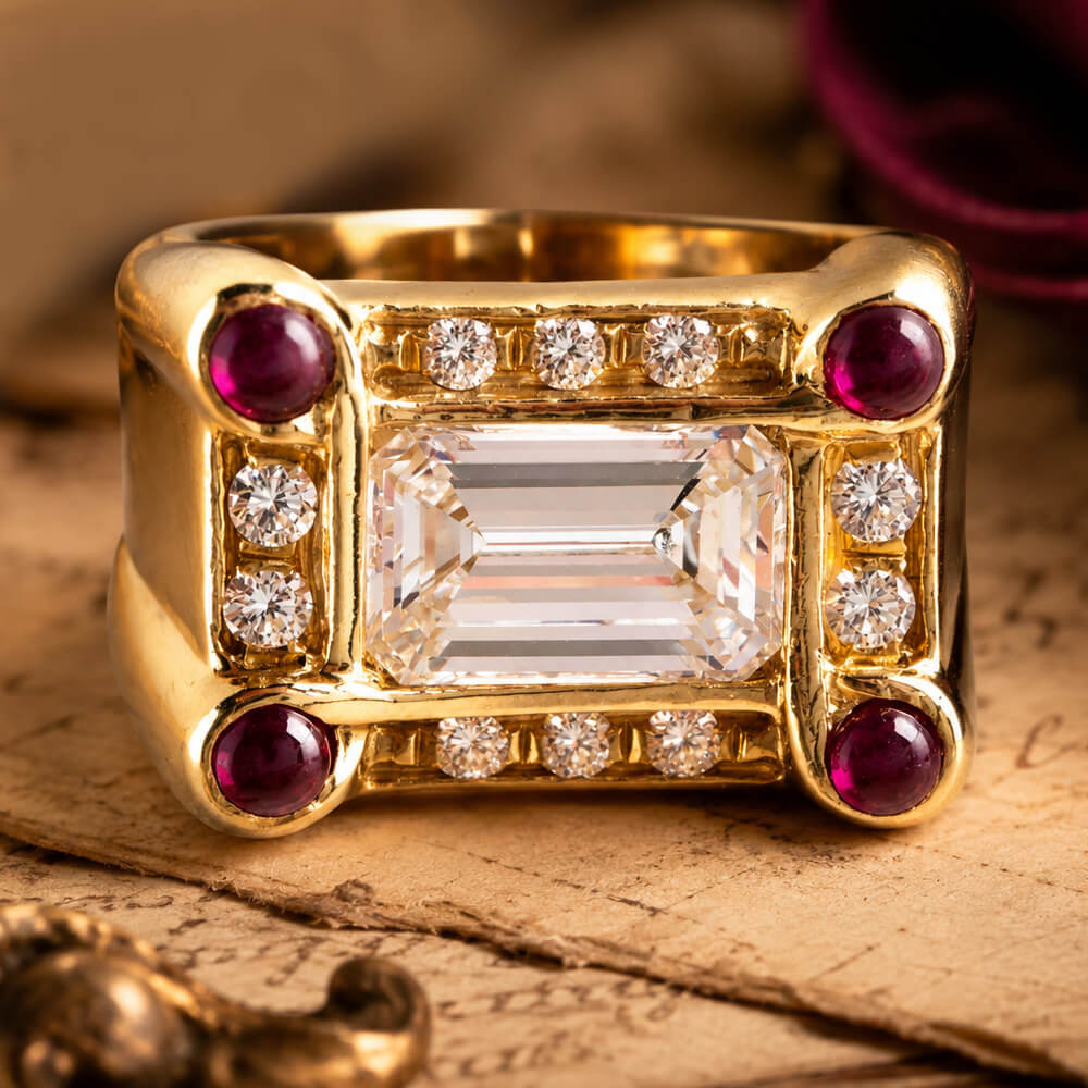 Art Deco Halo Yellow Gold Emerald Cut White Sapphire Engagement Ring