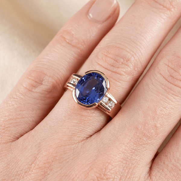 Half Bezel Yellow Gold Oval Cut Blue Sapphire Engagement Ring