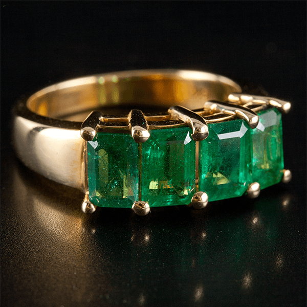 Classic Four Stone Yellow Gold Emerald Cut Emerald Sapphire Half Eternity Wedding Band For Women