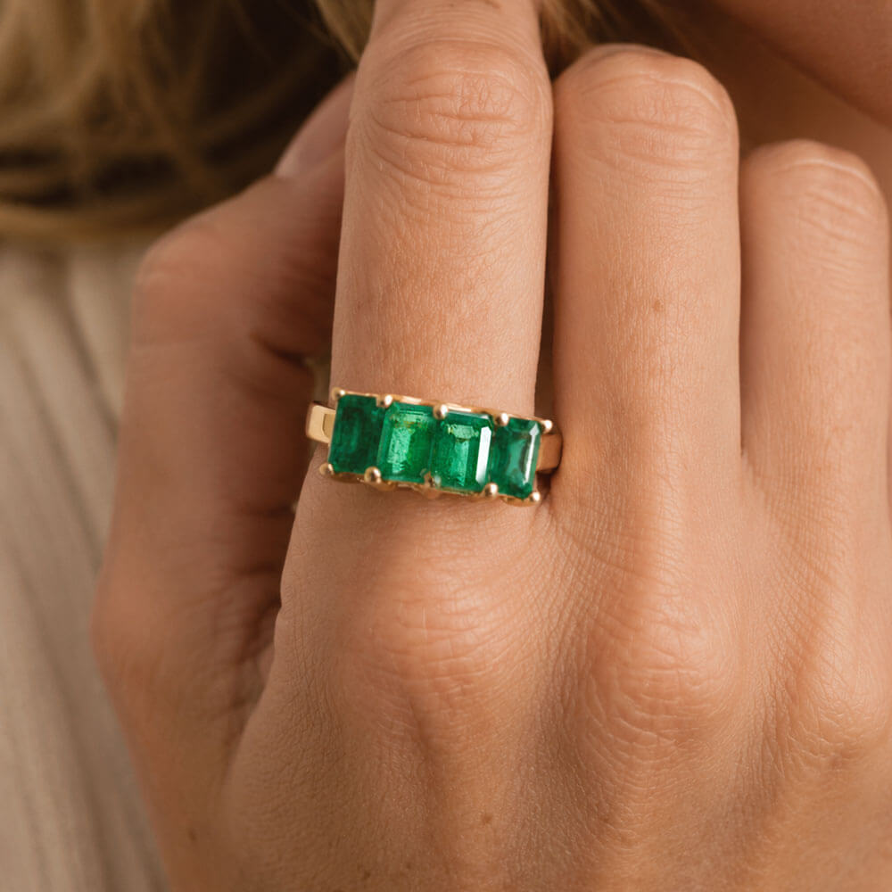 Classic Four Stone Yellow Gold Emerald Cut Emerald Sapphire Half Eternity Wedding Band For Women