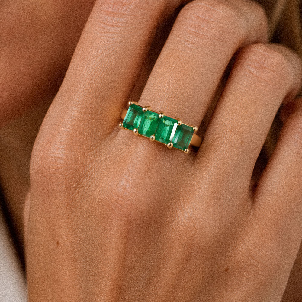 Classic Four Stone Yellow Gold Emerald Cut Emerald Sapphire Half Eternity Wedding Band For Women