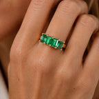 Classic Four Stone Yellow Gold Emerald Cut Emerald Sapphire Half Eternity Wedding Band For Women