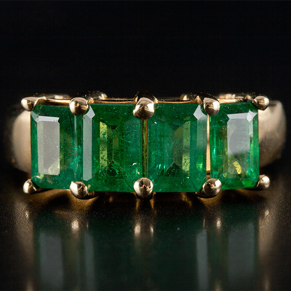 Classic Four Stone Yellow Gold Emerald Cut Emerald Sapphire Half Eternity Wedding Band For Women