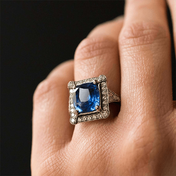 Art Deco Halo Cushion Cut Blue Sapphire Engagement Ring