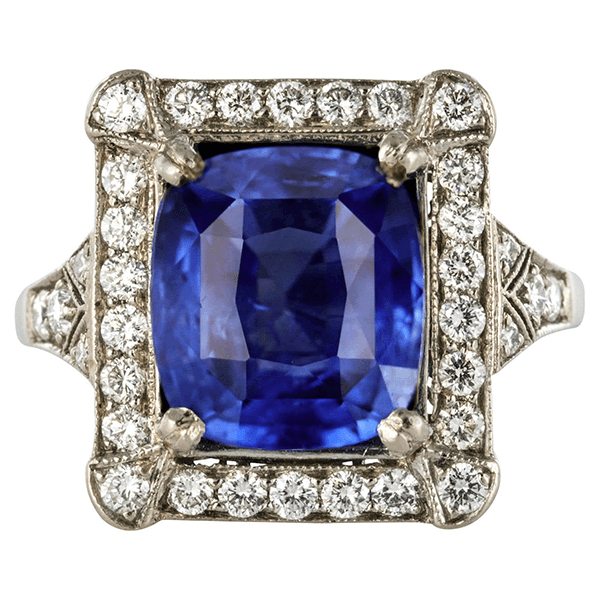 Art Deco Halo Cushion Cut Blue Sapphire Engagement Ring
