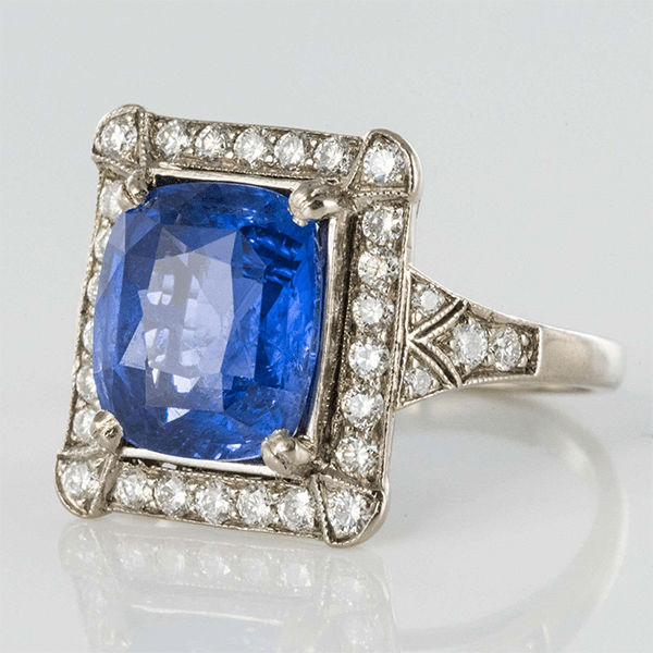Art Deco Halo Cushion Cut Blue Sapphire Engagement Ring