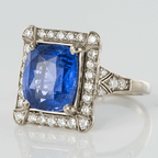 Art Deco Halo Cushion Cut Blue Sapphire Engagement Ring