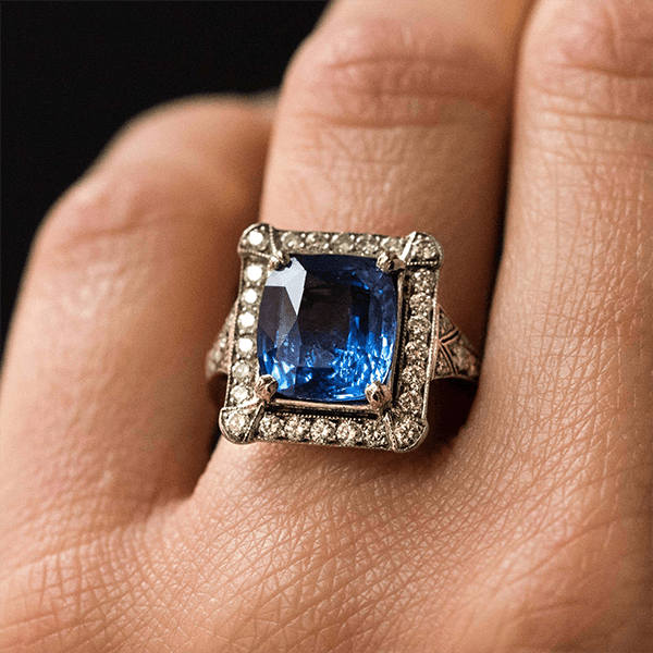 Art Deco Halo Cushion Cut Blue Sapphire Engagement Ring