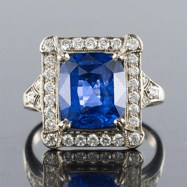 Art Deco Halo Cushion Cut Blue Sapphire Engagement Ring