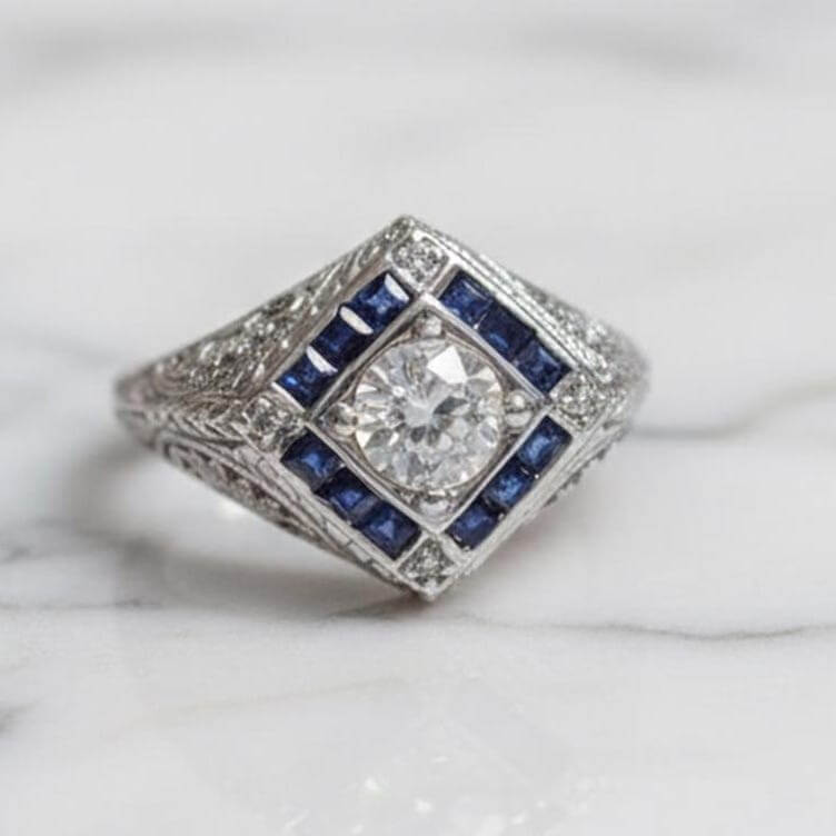 Vintage Art Deco Halo Round Cut White & Blue Sapphire Engagement Ring