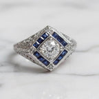 Vintage Art Deco Halo Round Cut White & Blue Sapphire Engagement Ring