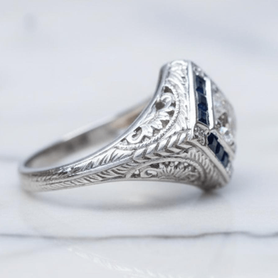 Vintage Art Deco Halo Round Cut White & Blue Sapphire Engagement Ring