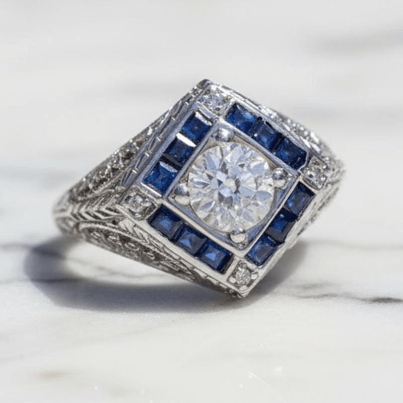 Vintage Art Deco Halo Round Cut White & Blue Sapphire Engagement Ring