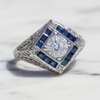 Vintage Art Deco Halo Round Cut White & Blue Sapphire Engagement Ring