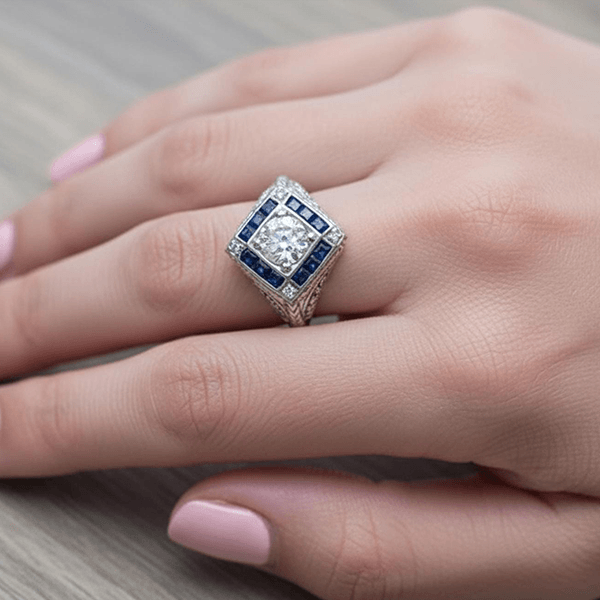 Vintage Art Deco Halo Round Cut White & Blue Sapphire Engagement Ring