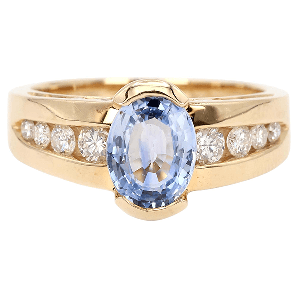 Vintage Half Bezel Yellow Gold Oval Cut Blue Sapphire Engagement Ring