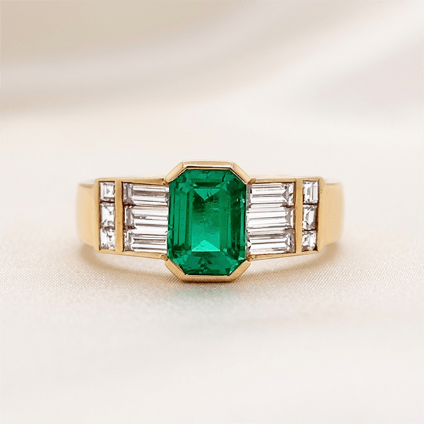 Vintage Half Bezel Yellow Gold Emerald Cut Emerald Sapphire Engagement Ring