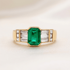 Vintage Half Bezel Yellow Gold Emerald Cut Emerald Sapphire Engagement Ring
