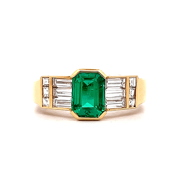 Vintage Half Bezel Yellow Gold Emerald Cut Emerald Sapphire Engagement Ring