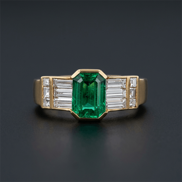Vintage Half Bezel Yellow Gold Emerald Cut Emerald Sapphire Engagement Ring