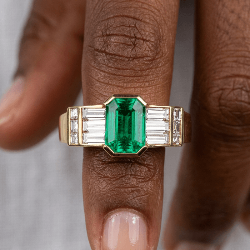 Vintage Half Bezel Yellow Gold Emerald Cut Emerald Sapphire Engagement Ring