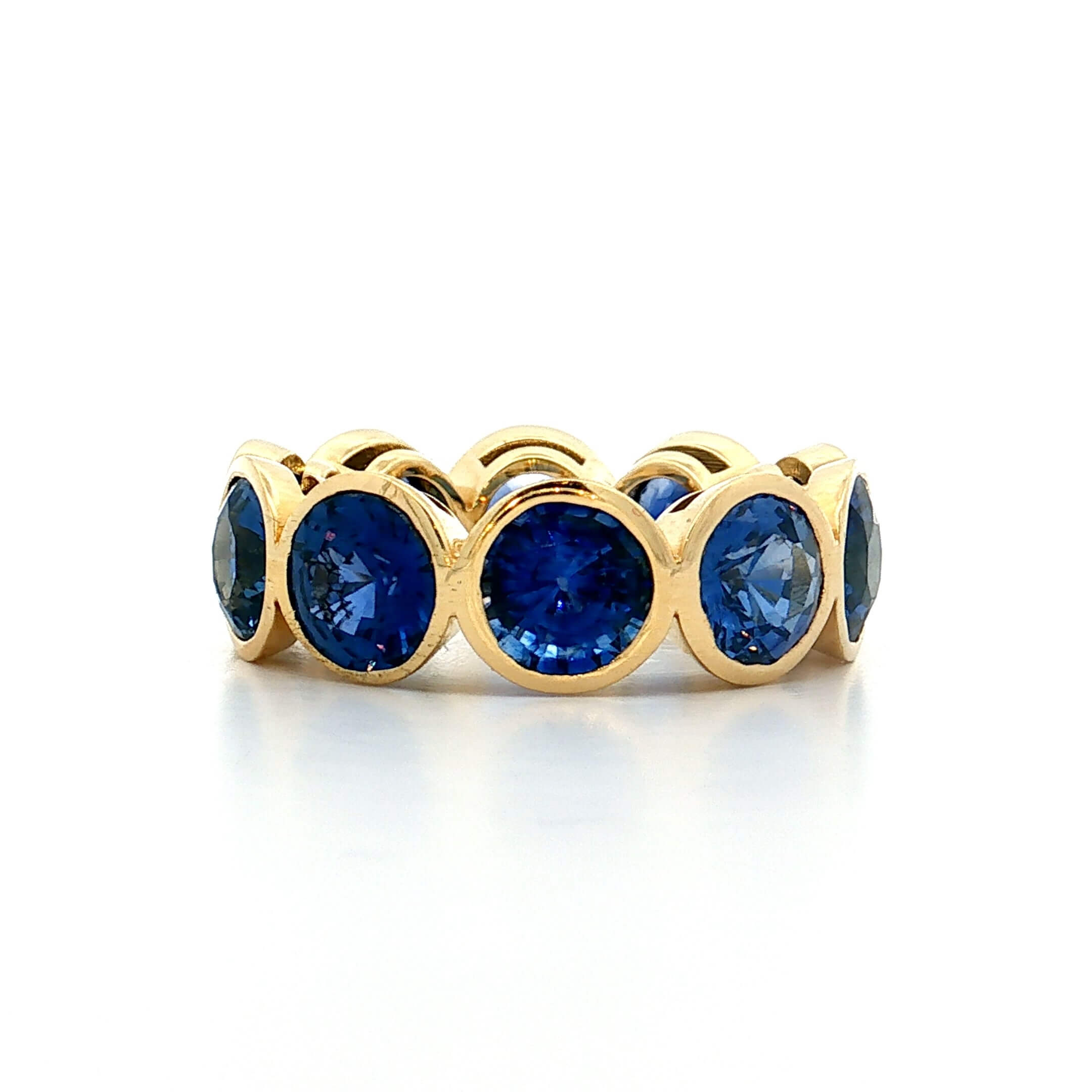 Classic Bezel Eternity Yellow Gold Round Cut Blue Sapphire Wedding Band For Women