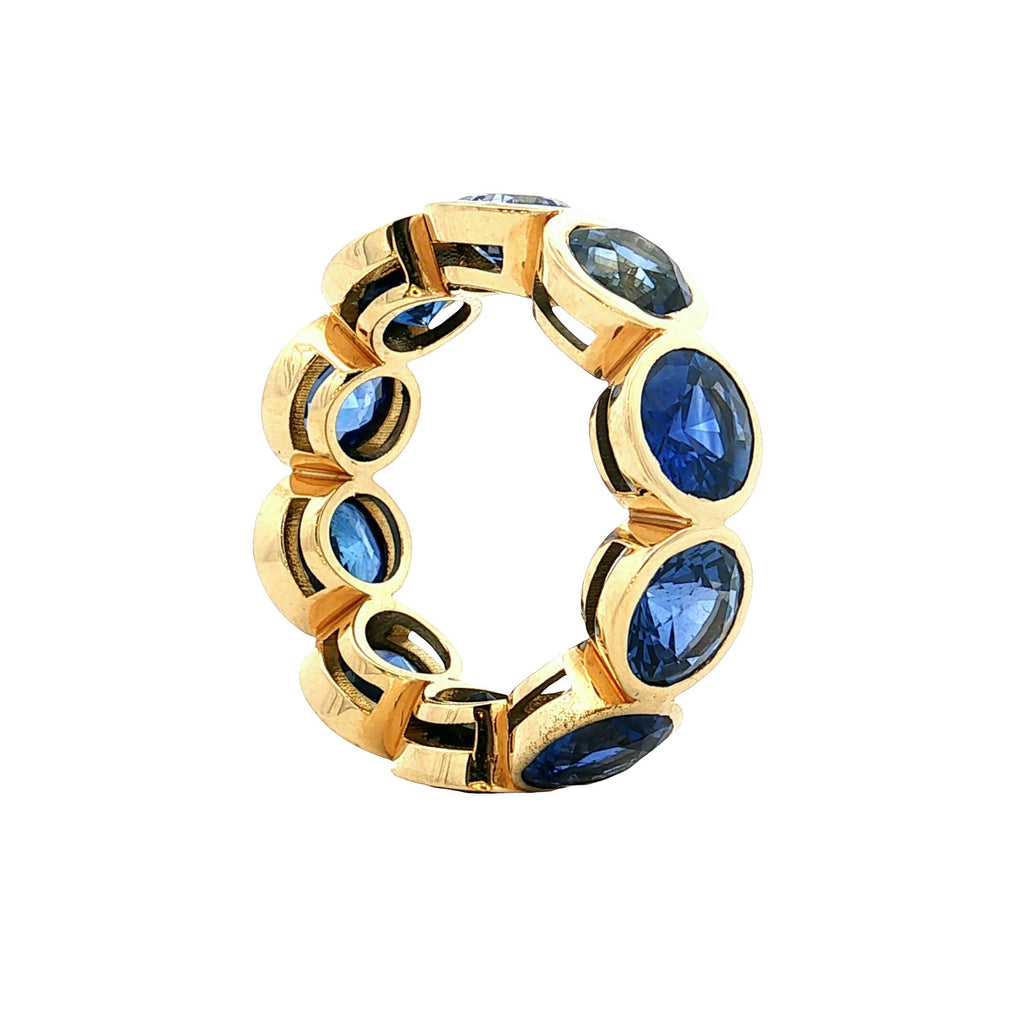 Classic Bezel Eternity Yellow Gold Round Cut Blue Sapphire Wedding Band For Women