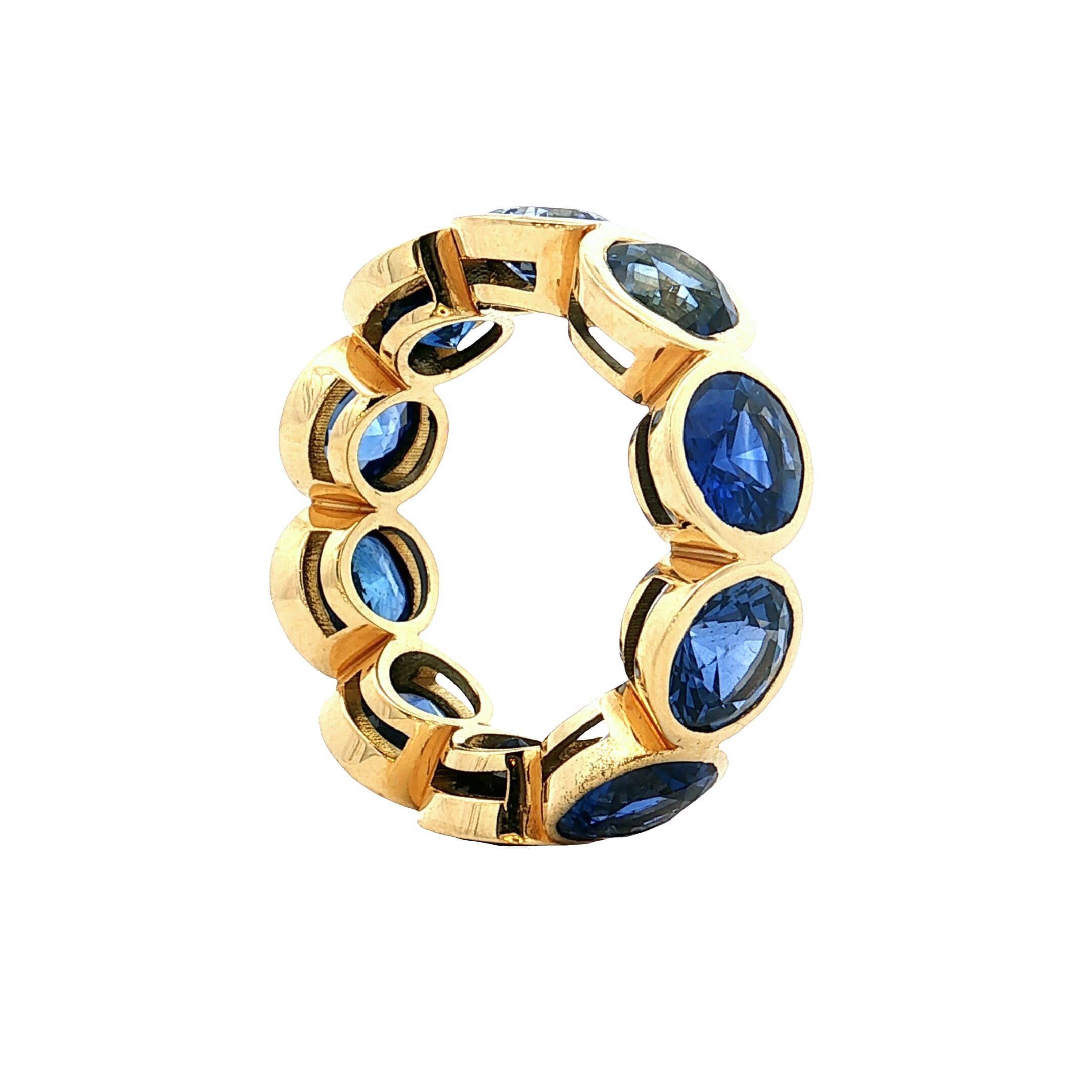 Classic Bezel Eternity Yellow Gold Round Cut Blue Sapphire Wedding Band For Women