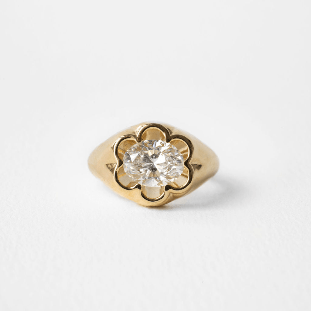 Unique Petal Bezel Setting Yellow Gold Solitaire Oval Cut White Sapphire Engagement Ring
