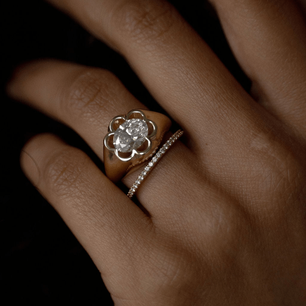 Unique Petal Bezel Setting Yellow Gold Solitaire Oval Cut White Sapphire Engagement Ring