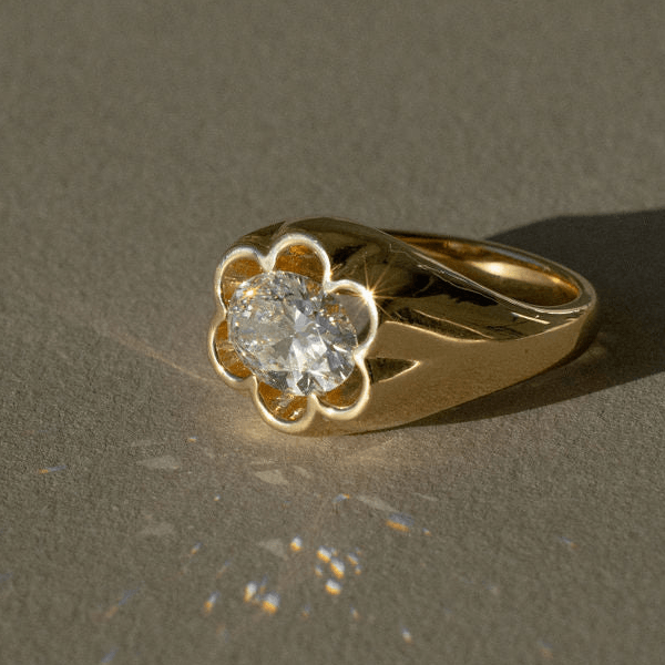 Unique Petal Bezel Setting Yellow Gold Solitaire Oval Cut White Sapphire Engagement Ring