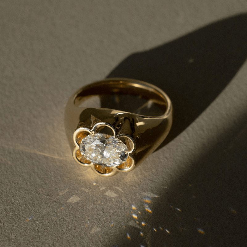 Unique Petal Bezel Setting Yellow Gold Solitaire Oval Cut White Sapphire Engagement Ring