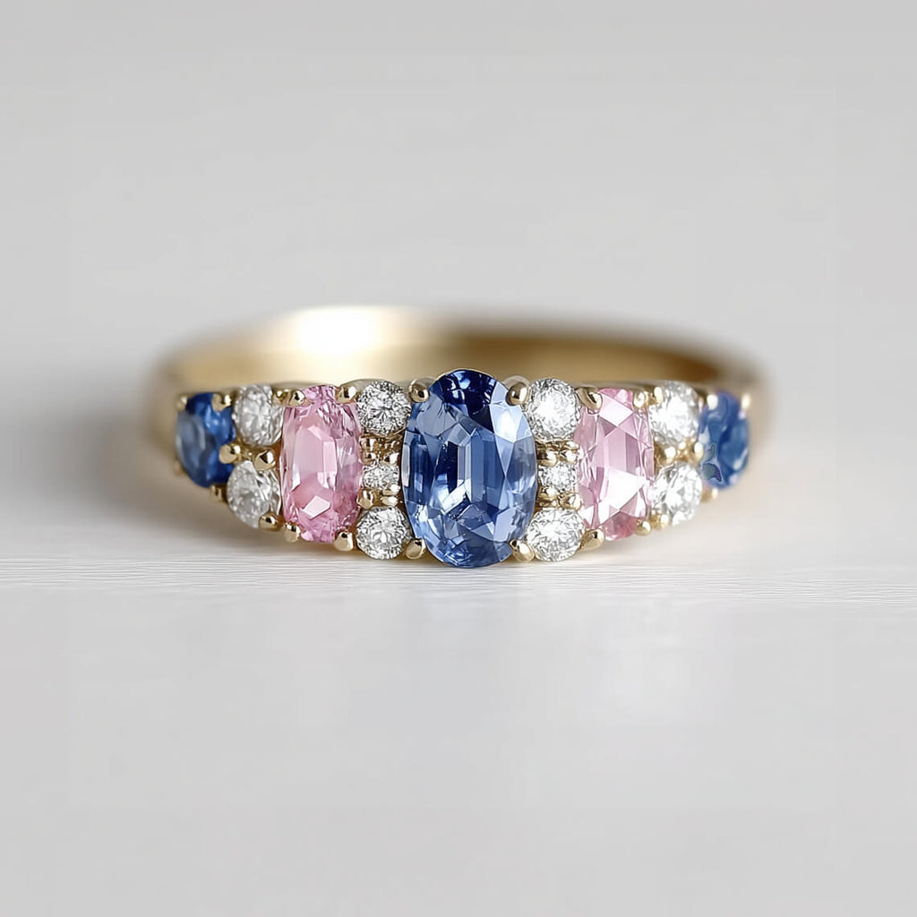 Luxury Jewelry Yellow Gold Oval Cut Blue & Pink Sapphire Engagement Ring