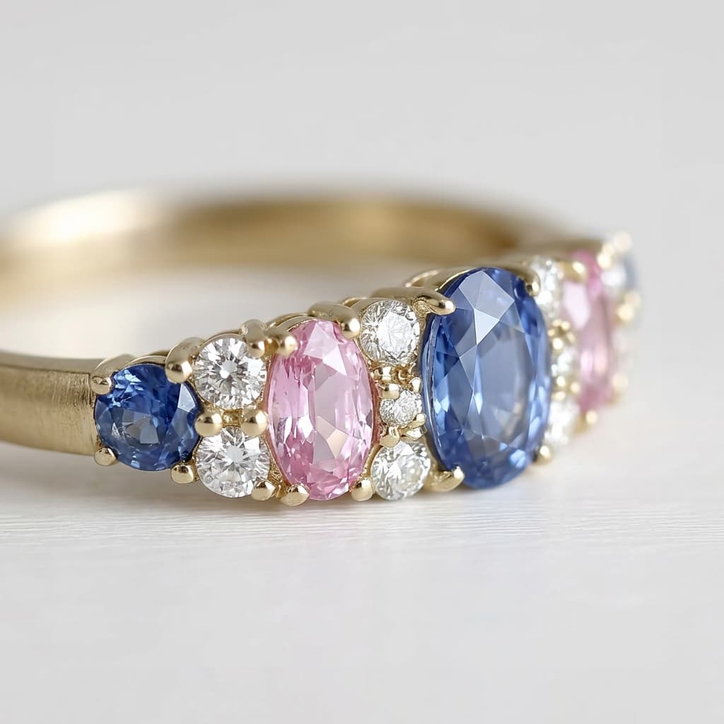 Luxury Jewelry Yellow Gold Oval Cut Blue & Pink Sapphire Engagement Ring