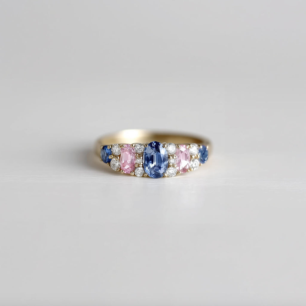 Luxury Jewelry Yellow Gold Oval Cut Blue & Pink Sapphire Engagement Ring
