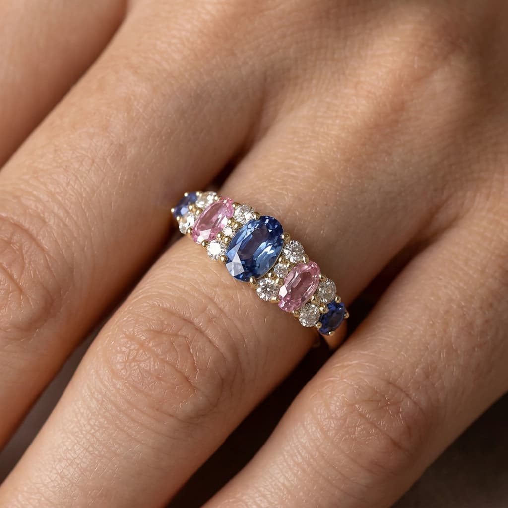 Luxury Jewelry Yellow Gold Oval Cut Blue & Pink Sapphire Engagement Ring