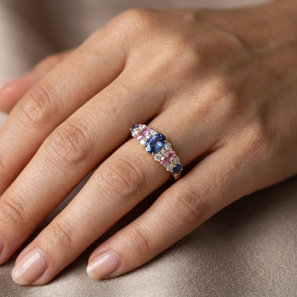 Luxury Jewelry Yellow Gold Oval Cut Blue & Pink Sapphire Engagement Ring