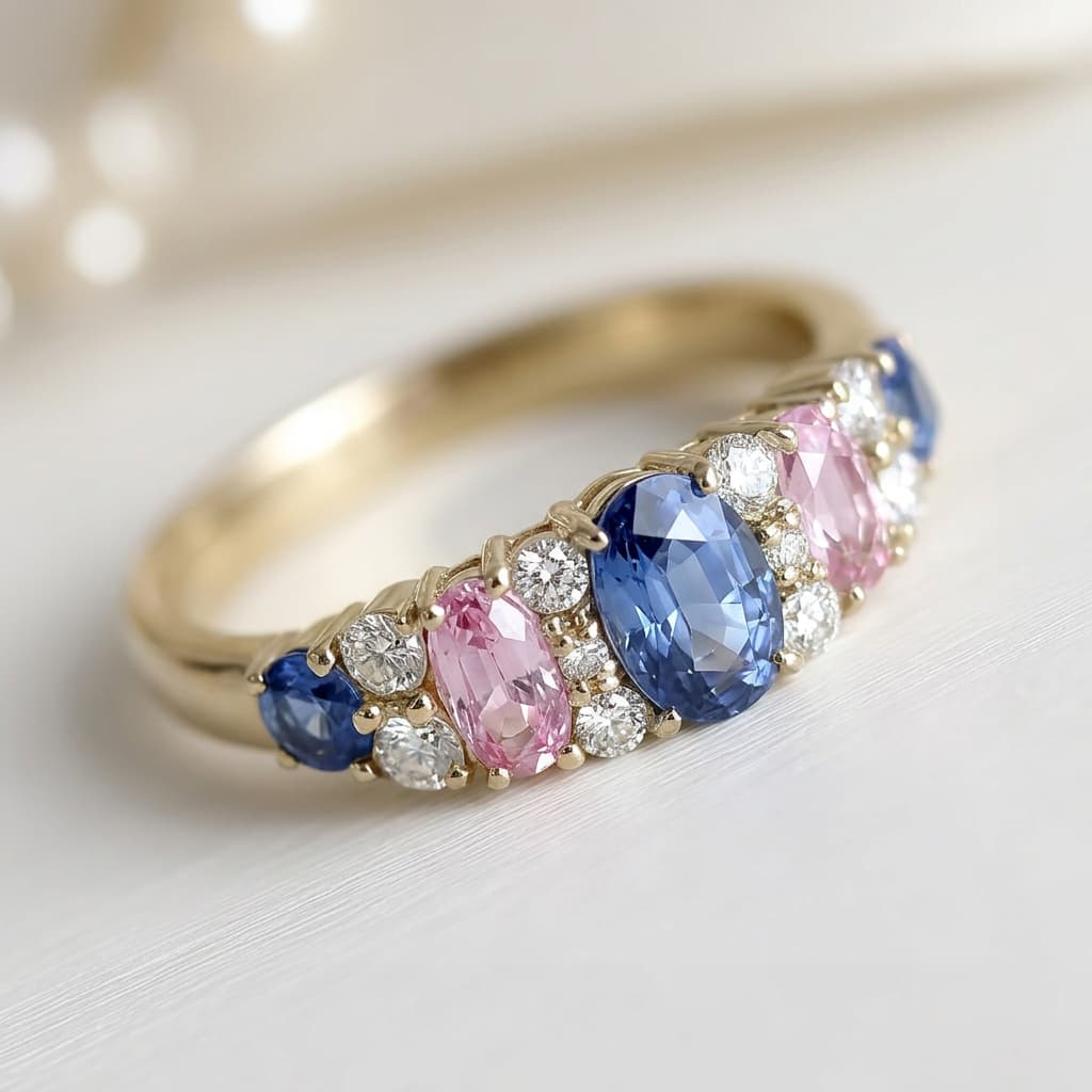 Luxury Jewelry Yellow Gold Oval Cut Blue & Pink Sapphire Engagement Ring